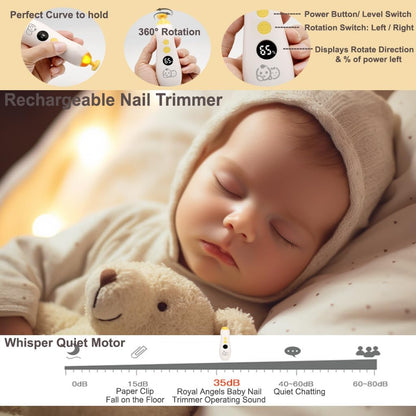 Royal Angels Rechargeable Baby Nail Clippers 20 in 1, Safe Electric Nail Trimmer, Baby Nail Kit, Additional Replacements, Newborn Toddler Toes and Fingernails, Trim and Polish (Rechargeable, Snow)