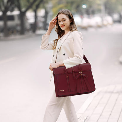 MOSISO Laptop Bag for Women, PU Leather Laptop Shoulder Bag Convertible Backpack, Work Travel Computer Bag with Bowknot - PuriLite