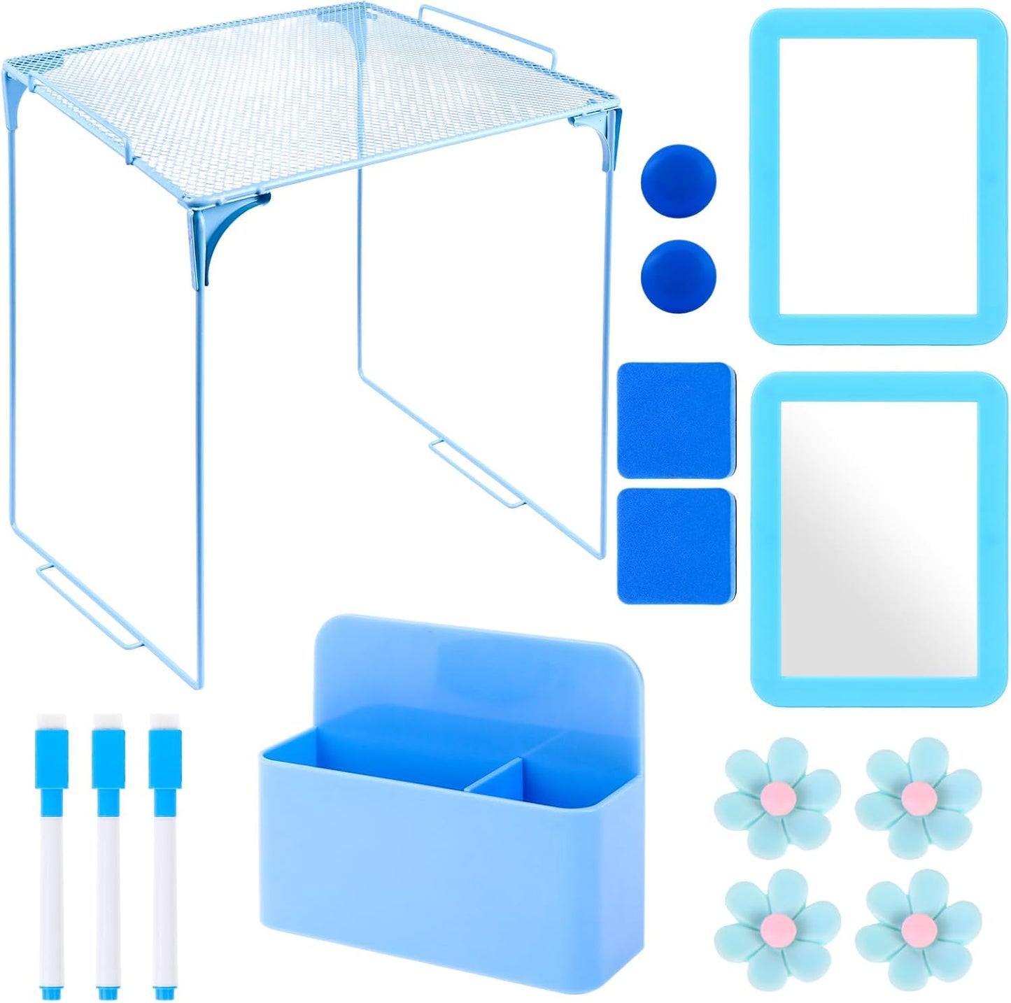 Blue Locker Organizer Kit -15Pcs Back to School Supplies Locker Accessories Kits Includes Shelf, Locker Mirror, Magnetic Whiteboard, Whiteboard Eraser, Pen Holder, Marker, Round Magnet, Flower Magnet