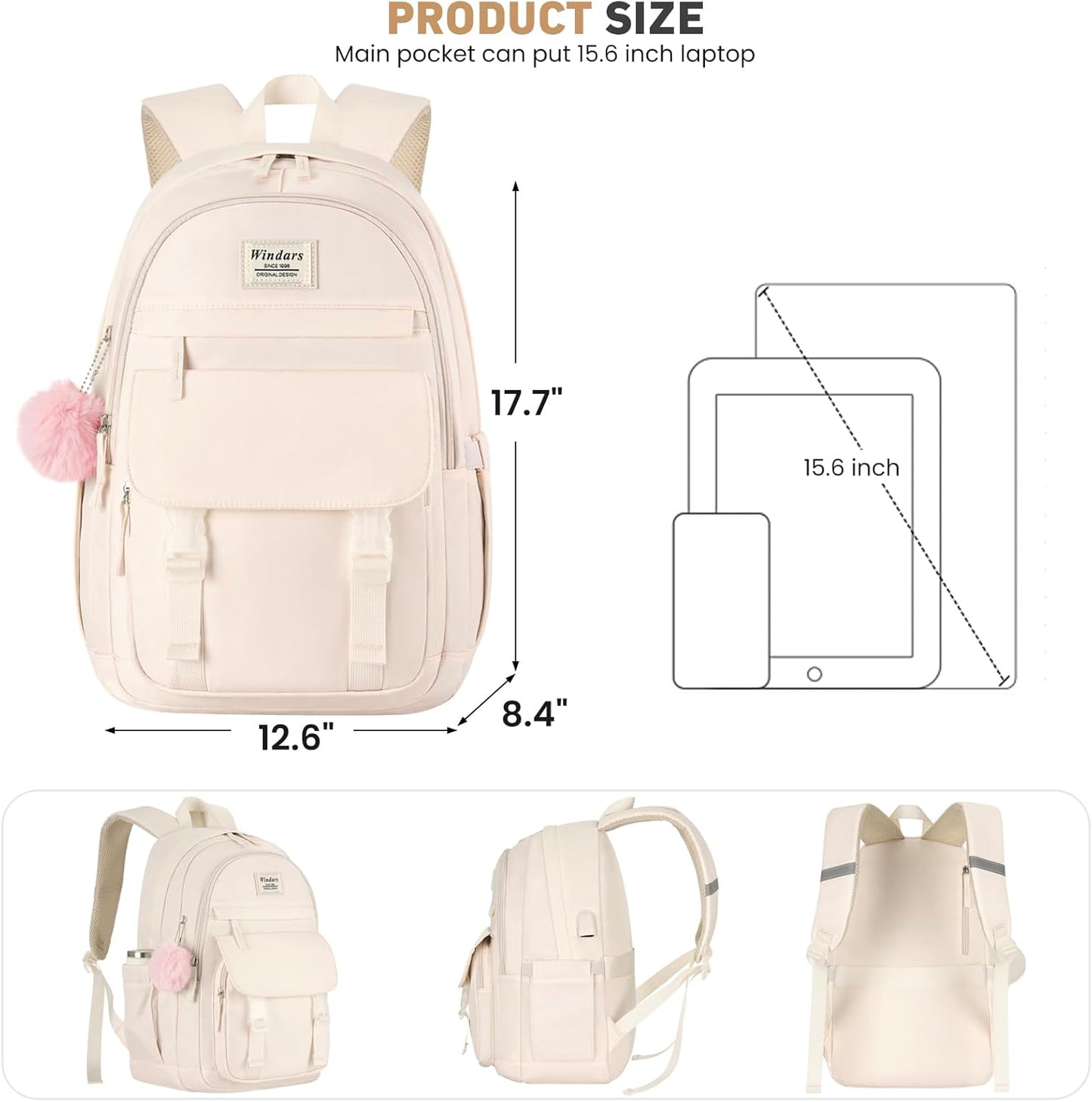 WINDARS School Backpack for Teen Girls, Cute College Backpacks for Women Students Aesthetic Bookbag Large 15.6 Inch Laptop Bag Middle School Travel Back Pack (Khaki Beige)