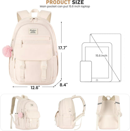 WINDARS School Backpack for Teen Girls, Cute College Backpacks for Women Students Aesthetic Bookbag Large 15.6 Inch Laptop Bag Middle School Travel Back Pack (Khaki Beige)
