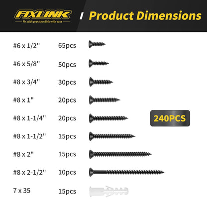 Wood Screws Assortment Kit, FIXLINK 240 PCS High Hardness Flat Head Wood Screws Set, Phillips Drive Screws, Contain 15PC Drywall Anchor and 8 Size (2-1/2”,2”,1-1/2”,1-1/4”,1”,3/4”,5/8”,1/2”), Black