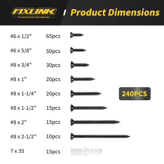 Wood Screws Assortment Kit, FIXLINK 240 PCS High Hardness Flat Head Wood Screws Set, Phillips Drive Screws, Contain 15PC Drywall Anchor and 8 Size (2-1/2”,2”,1-1/2”,1-1/4”,1”,3/4”,5/8”,1/2”), Black - PuriLite