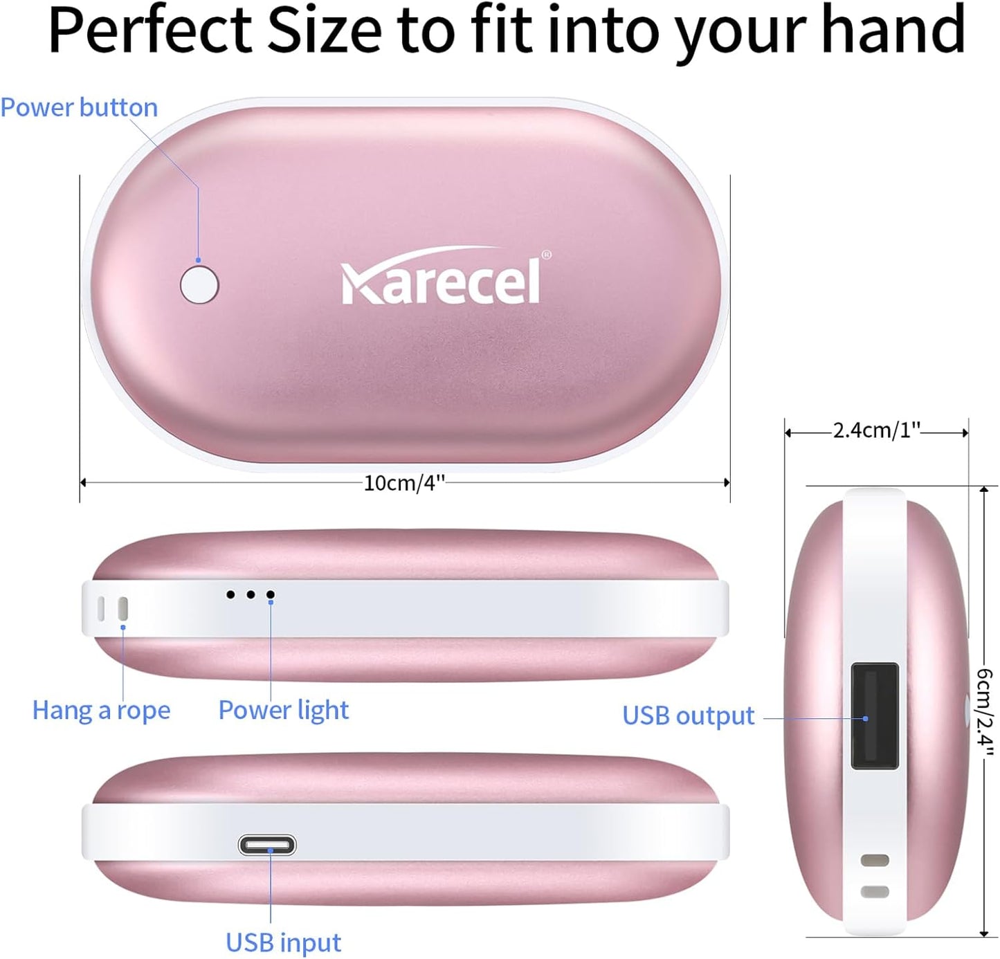 KARECEL Rechargeable Hand Warmers 2 Pack – 10,400mAh Double-Sided Electric Hand Warmers & Power Bank, 4" Full-Surface Heat, Quick Charge Portable USB Pocket Heater, 3 Heat Levels, Tech Gifts for Men & Women – Rose Gold