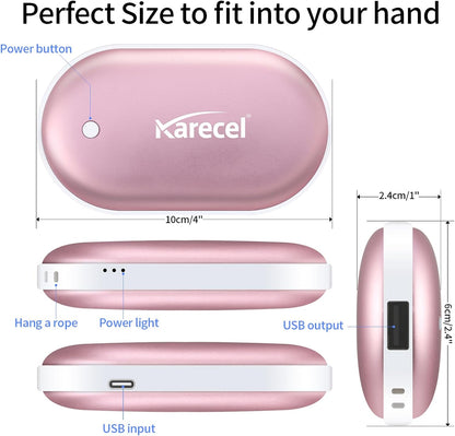 KARECEL Rechargeable Hand Warmers 2 Pack – 10,400mAh Double-Sided Electric Hand Warmers & Power Bank, 4" Full-Surface Heat, Quick Charge Portable USB Pocket Heater, 3 Heat Levels, Tech Gifts for Men & Women – Rose Gold