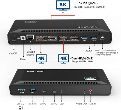 Docking Station, WAVLINK USB-C Single 5K/Dual 4K Laptop Dock with 65W USB-C Power Delivery（2*DP, 2*HDMI, 4*USB 3.0 Type-A, 2 Type C and Gigabit Ethernet）-Black