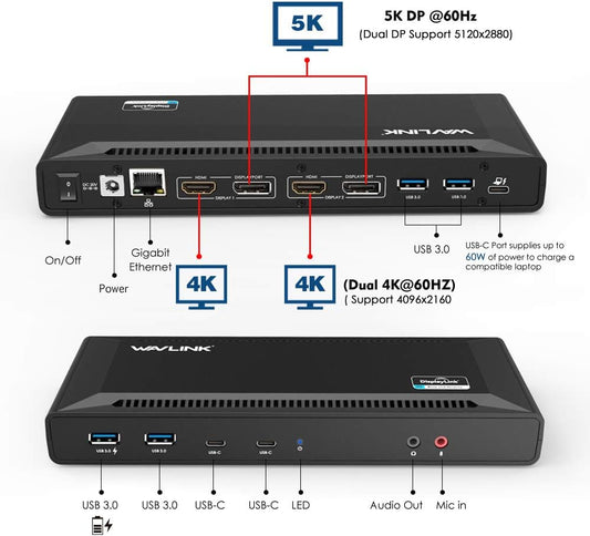 Docking Station, WAVLINK USB-C Single 5K/Dual 4K Laptop Dock with 65W USB-C Power Delivery（2*DP, 2*HDMI, 4*USB 3.0 Type-A, 2 Type C and Gigabit Ethernet）-Black - PuriLite