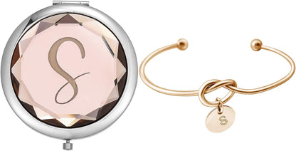 Compact Crystal Pocket Makeup Mirrors Set - Letter Mirror and Love Knot Bracelets for Bachelorette Party, Bridesmaid Proposal, Wedding Gifts (Champagne-B)