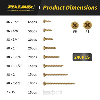 Wood Screws Assortment Kit, FIXLINK 240 PCS High Hardness Flat Head Wood Screws Set, Phillips Drive Screws, Contain 15PC Drywall Anchor and 8 Size (2-1/2”,2”,1-1/2”,1-1/4”,1”,3/4”,5/8”,1/2”), Black