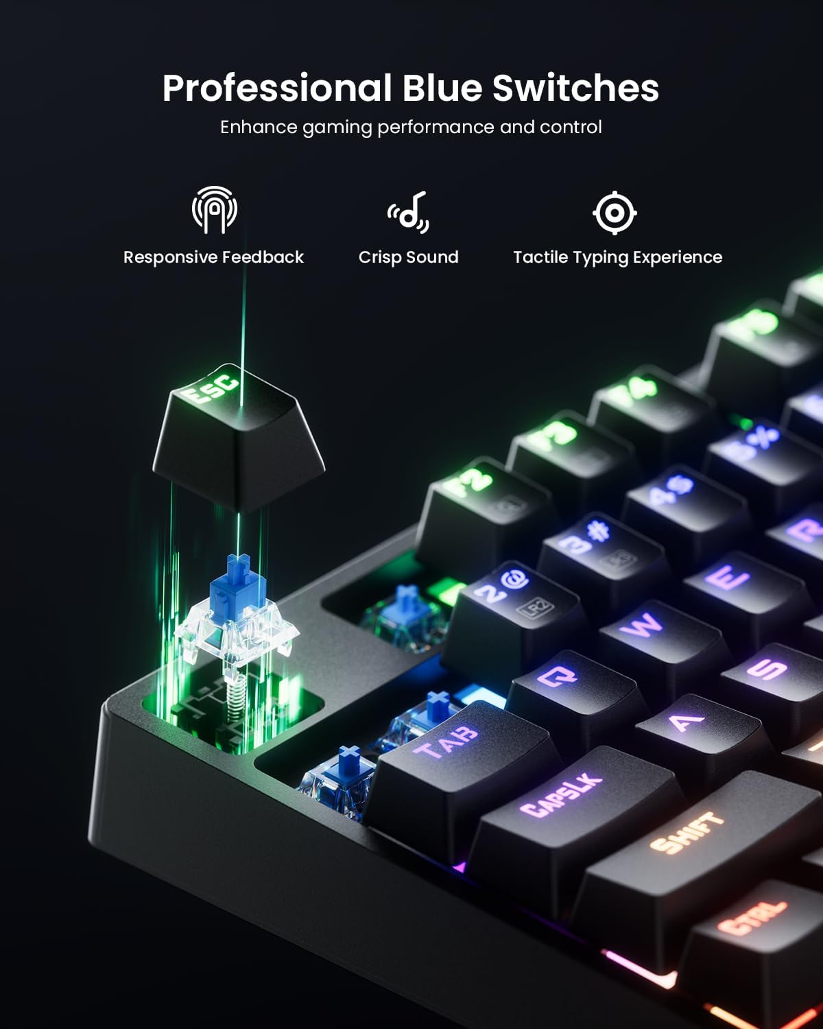 RGB Mechanical Gaming Keyboard Blue Switch, 104 Keys Full-Size Light Up Keyboard with 11 Backlit Modes, Anti-Ghosting, Double-Shot ABS Keycaps, USB Wired Computer Keyboard for Windows PC Gamer