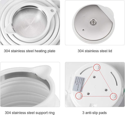 120V 555ML Ultrathin Travel Foldable Electric Kettle with Separable Power Cord and Handle, Boil Dry Protection, Food Grade Silicone