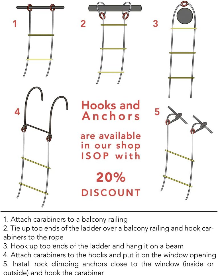 ISOP Fire Escape Rope Ladder 5 m with Spring Hooks - Emergency Evacuation Ladders - Flame Resistant Compact & Lightweight Safety Ropes 900 kg Weight Capacity - Hanging Ladders for Work