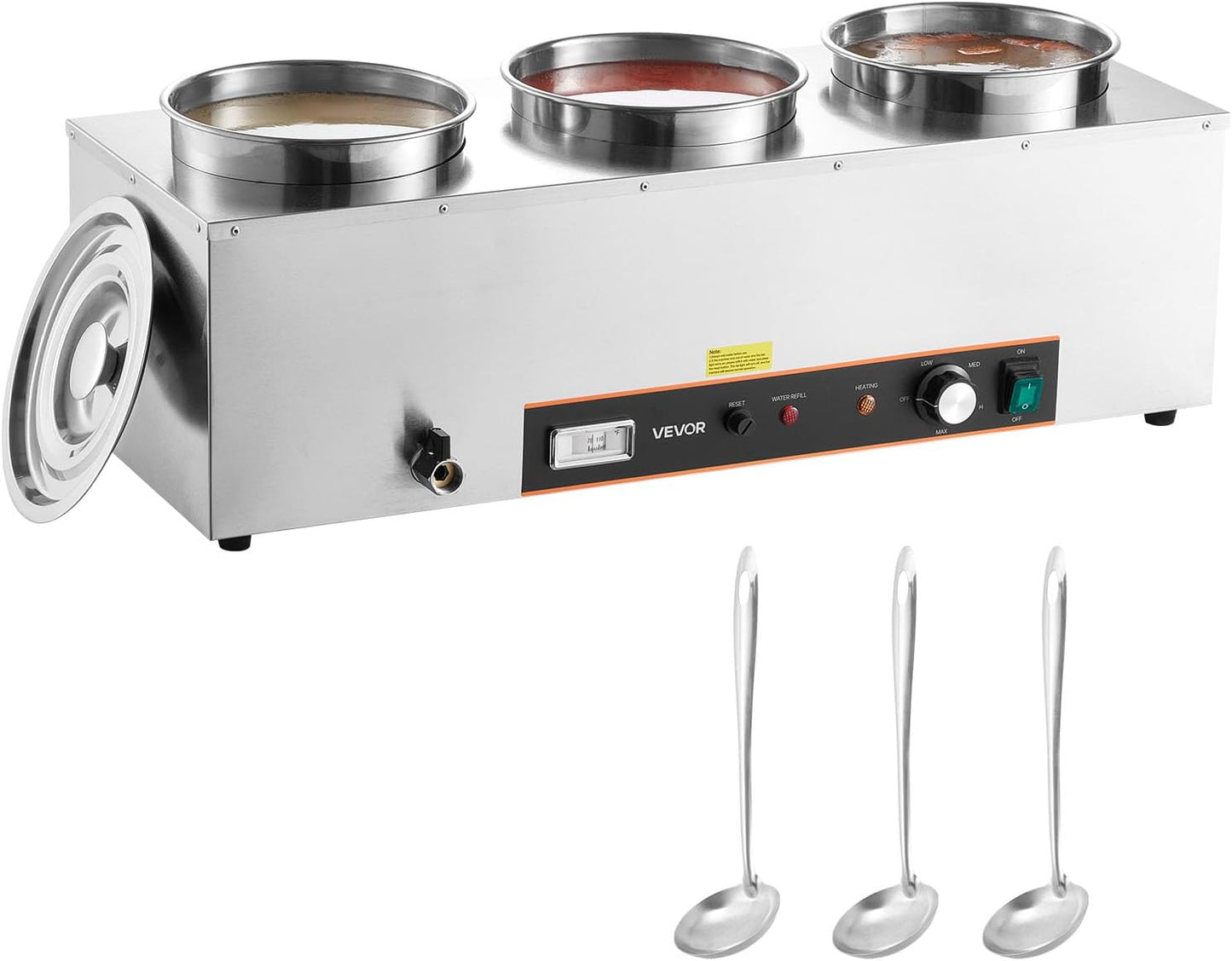 VEVOR Electric Soup Warmer, Three 6.34QT Stainless Steel Round Pot with 86~185°F Adjustable Temp, 1500W Commercial Bain Marie with Anti-Dry Burn and Reset Button, Soup Station for Restaurant, Buffet
