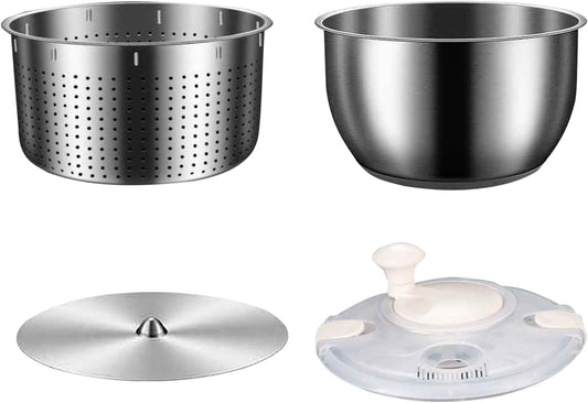 Salad Spinner Stainless Steel, Vegetables Wash Bowl Stainless Steel, 6L Salad Spinner Rotary Bowl with Drain for Restaurant Kitchen -Home Meal Prep Washing Accessories