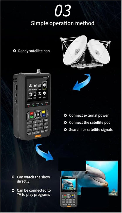 V8 Finder2 Satellite Signal Detector FTA DVB-S/S2/S2X Digital Signal Receiver LCD HD Screen for Adjusting Satellite TV for Dish Network Directv(FD2 Black Bag Charge)