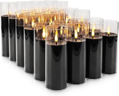 24-Pack Black Flameless LED Candles - Elegant Black Acrylic Pillar, Realistic Flickering Flame, Remote & Timer for Halloween, Gothic Decor, Weddings, Christmas & Home Decoration