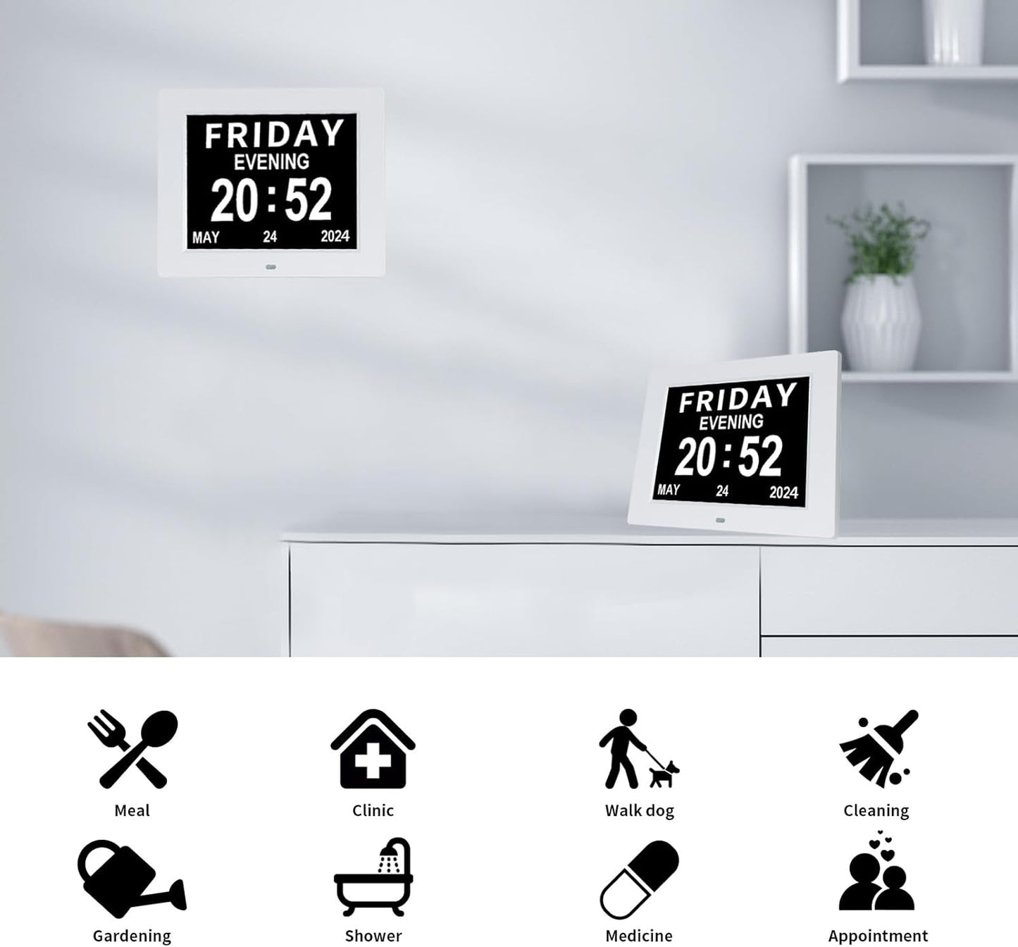 [2025 Newest] Digital Day Calendar Clocks 3 Medicine Reminders Extra Large 8 Inch Non-Abbreviated Day Date Month Dementia Senior Clock for Eldarly Memory Loss Vision Impaired Clock