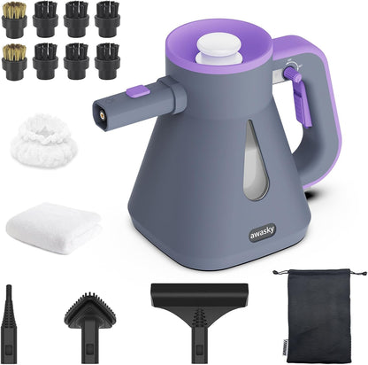 awasky Handheld Steam Cleaner: 10-Sec Heat-Up, 25oz Tank Refill Anytime (Non-Pressurized), Lockable Steam Trigger, 1200W, 14-Pcs Kit, Dry/Wet Modes for Tile Grout Shower Furniture Car Cleaning Gray
