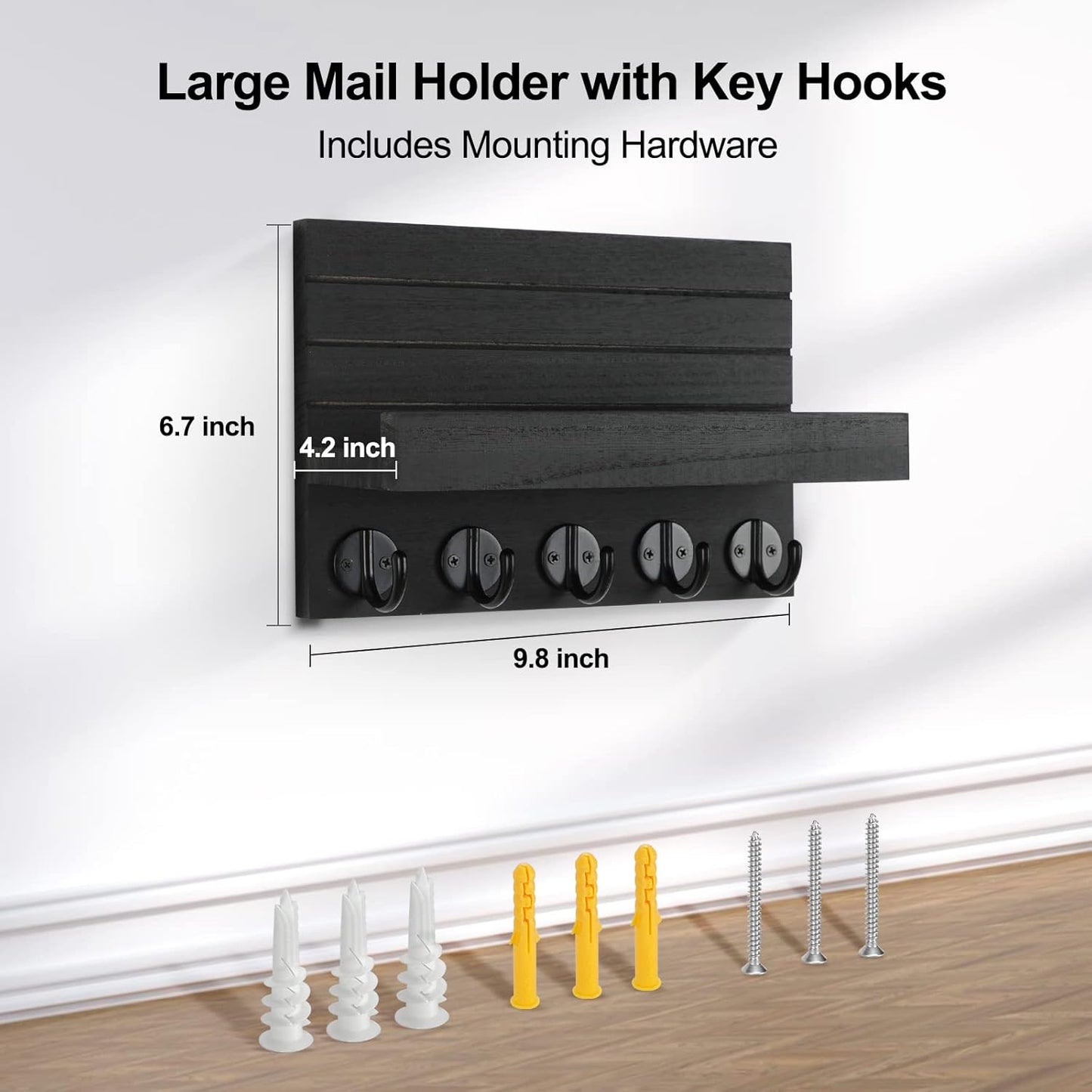 Lwenki Key Holder for Wall, Decorative Key and Mail Holder with Shelf Has Large Key Hooks for Bags, Coats, Umbrella – Paulownia Wood Key Hanger with Mounting Hardware (Black)