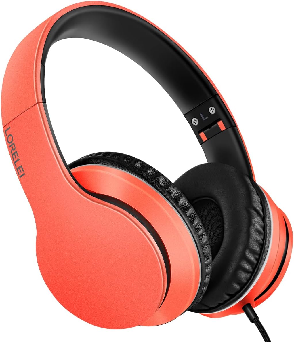 LORELEI X6 Over-Ear Wired Stereo Bass Headphones with Microphone, Lightweight, Foldable & Portable with 1.45M No-Tangle for Smartphone, Tablet, MP3/4, Space Black