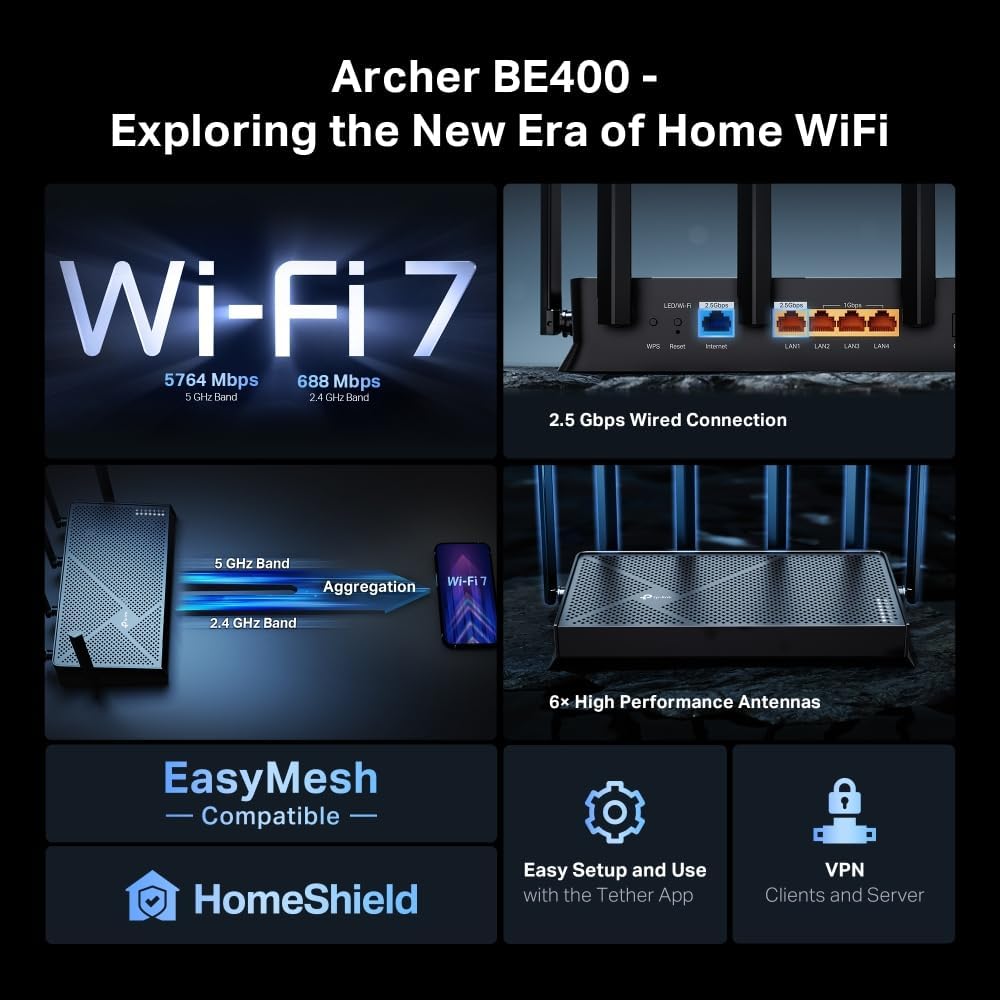 TP-Link Dual-Band BE3600 Wi-Fi 7 Router (Archer BE230) - 4-Stream 3.6 Gbps, 2×2.5G + 3×1G Ports, USB 3.0, 2.0 GHz Quad Core, 6 Antennas, VPN Clients & Server, EasyMesh, HomeShield, MLO, Private IOT