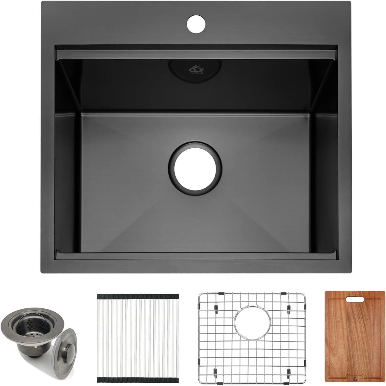 Yutong 16" x 20" Top-Mount/Drop in SS304 Stainless Steel Kitchen Black Sink Single Bowl Without Grid