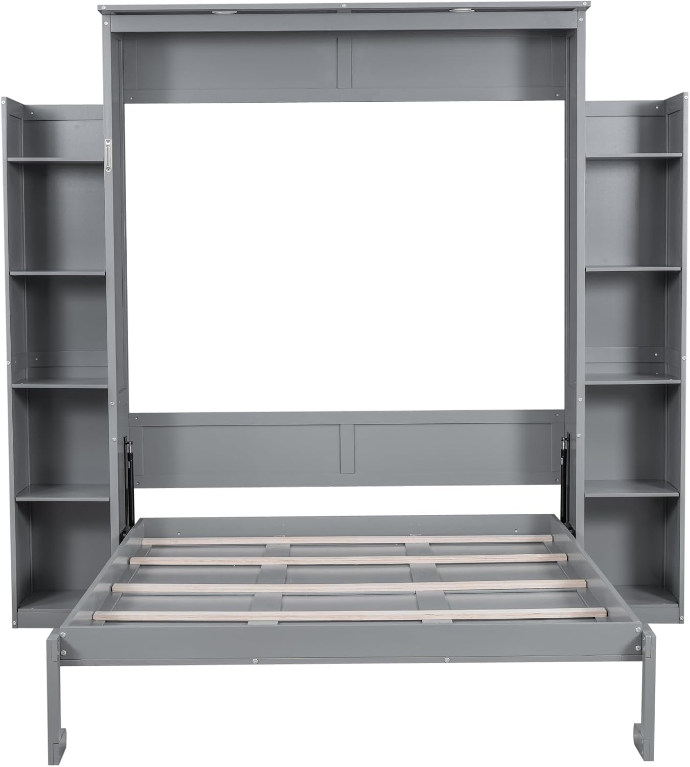 Merax Queen Size Murphy Bed with 2 Five-Layer Cabinet, Wall Bed with Shelves and Lights, Foldable Platform Bed Folded into Cabinet for Guest Room, Home and Office (Gray)