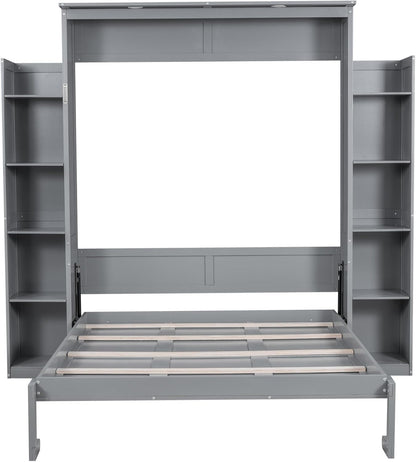 Merax Queen Size Murphy Bed with 2 Five-Layer Cabinet, Wall Bed with Shelves and Lights, Foldable Platform Bed Folded into Cabinet for Guest Room, Home and Office (Gray)