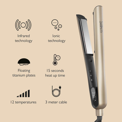 Silk'n 2-in-1 Flat Iron Hair Straightener and Curler - Ionic & Infrared Technology - Floating Titanium Plates and LED Display - For All Hair Types - SilkyStraight - Gold
