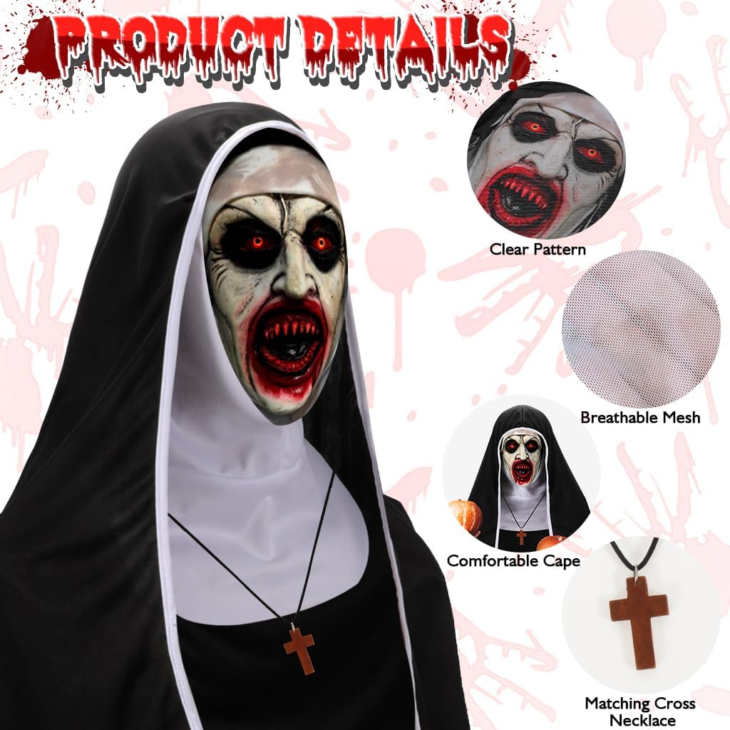3Pcs Halloween Mask Headgear,Breathable Mesh Full Head Face Mask Creepiest Headwear Costume with Cross Necklace Cape