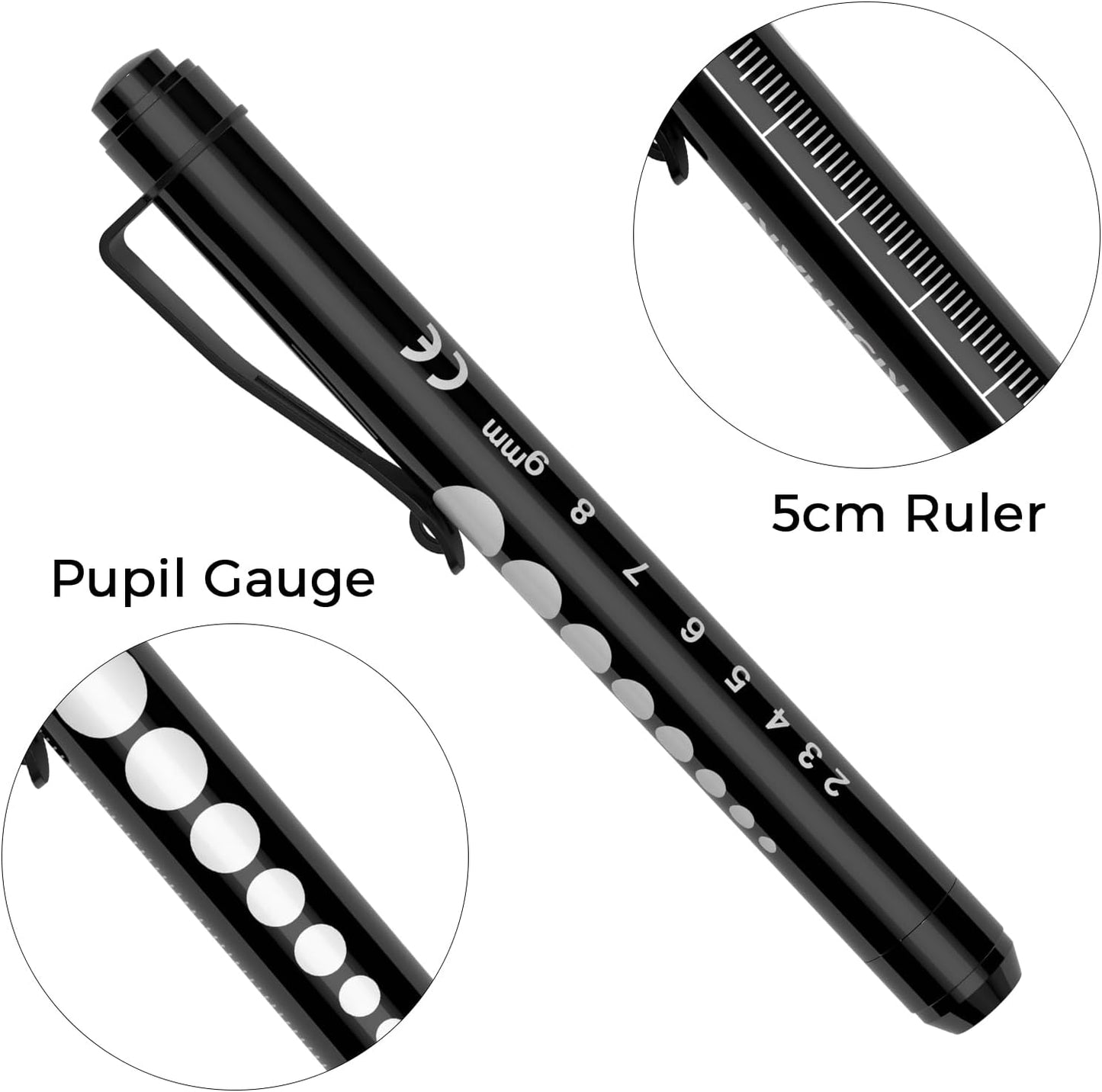 RISEMART Pen Lights for Nurses, 2 Pack Reusable Medical Light with Pupil Gauge and Ruler, White Light LED Penlight for Student Doctors EMT (Black/White)