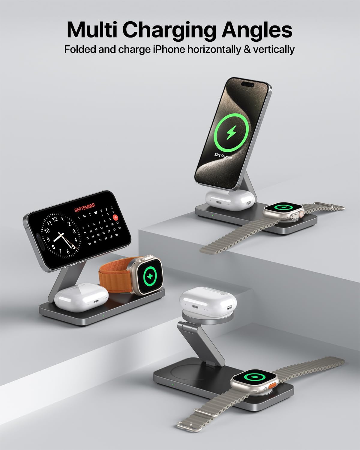 EXW Foldable 3 in 1 Wireless Charging Station for Apple Compatible with Magsafe Charger Stand, Travel Wireless Charger for iPhone 16 15 14 13 12 Series, Airpods, Apple Watch (18W Adapter Included)
