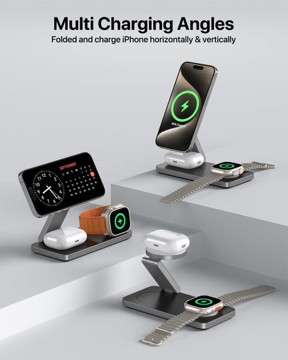 EXW Foldable 3 in 1 Wireless Charging Station for Apple Compatible with Magsafe Charger Stand, Travel Wireless Charger for iPhone 16 15 14 13 12 Series, Airpods, Apple Watch (18W Adapter Included)