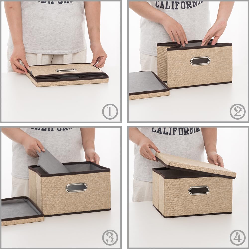 PRANDOM Large Foldable Storage Bin with Lid [1-Pack] Linen Fabric Decorative Storage Box Organizer Containers Basket Cube with Handles Divider for Bedroom Closet Office Living Room (17.7x11.8x11.8")