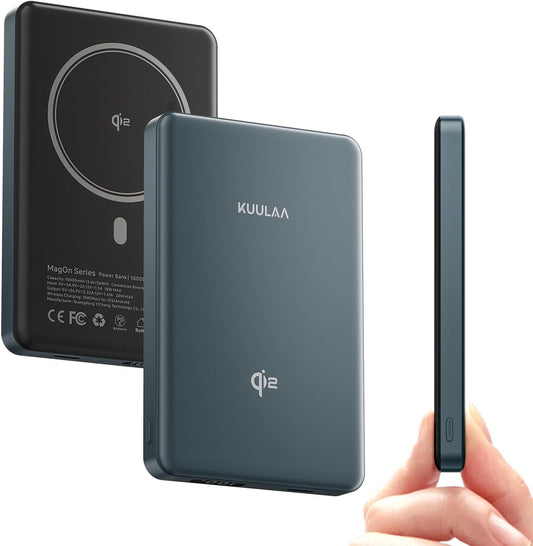 Kuulaa Magsafe Power Bank 10000mAh qi2 Certified 15W Magnetic Portable Charger with LED Display, Wireless Battery Pack Power Bank iPhone, Portable Charger for iPhone 16/15/14/13/12, Grey