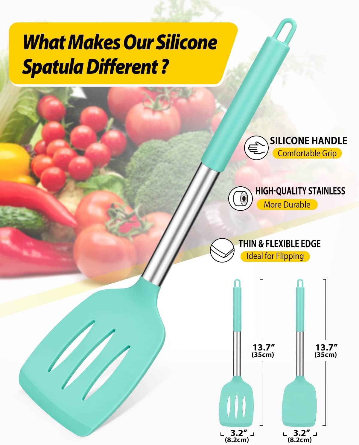 Pack of 2 Silicone Slotted Spatula,Non Stick Solid Kitchen Turner, High Heat Resistant BPA Free Cooking Utensils for Fish, Eggs, Pancakes（Black