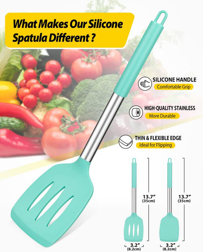 Pack of 2 Silicone Slotted Spatula,Non Stick Solid Kitchen Turner, High Heat Resistant BPA Free Cooking Utensils for Fish, Eggs, Pancakes（Black