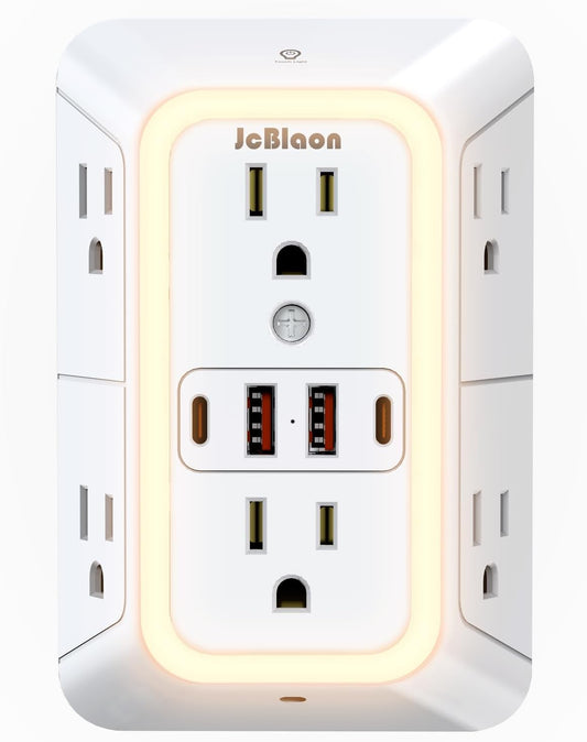 Wall Outlet Extender with Night Light, 6 AC Outlet Splitter and 4 USB Charging Ports, Surge Protector Multi Plug Adapter for Home, Office, and Travel - PuriLite