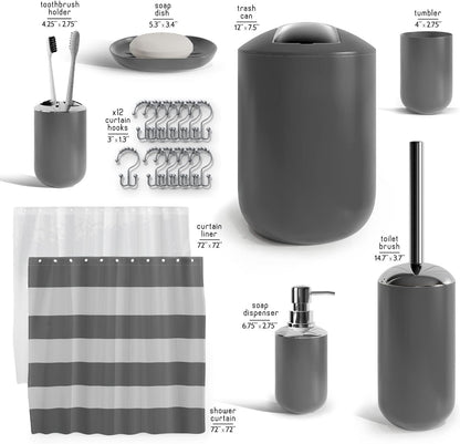 Clara Clark Bathroom Set - Gray Bathroom Accessories Set, Bathroom Sets with Shower Curtain and Rugs, 23PC Shower Curtain Set with Liner, Soap Dispenser, Soap Dish, Toilet Brush Holder, and Trash Can