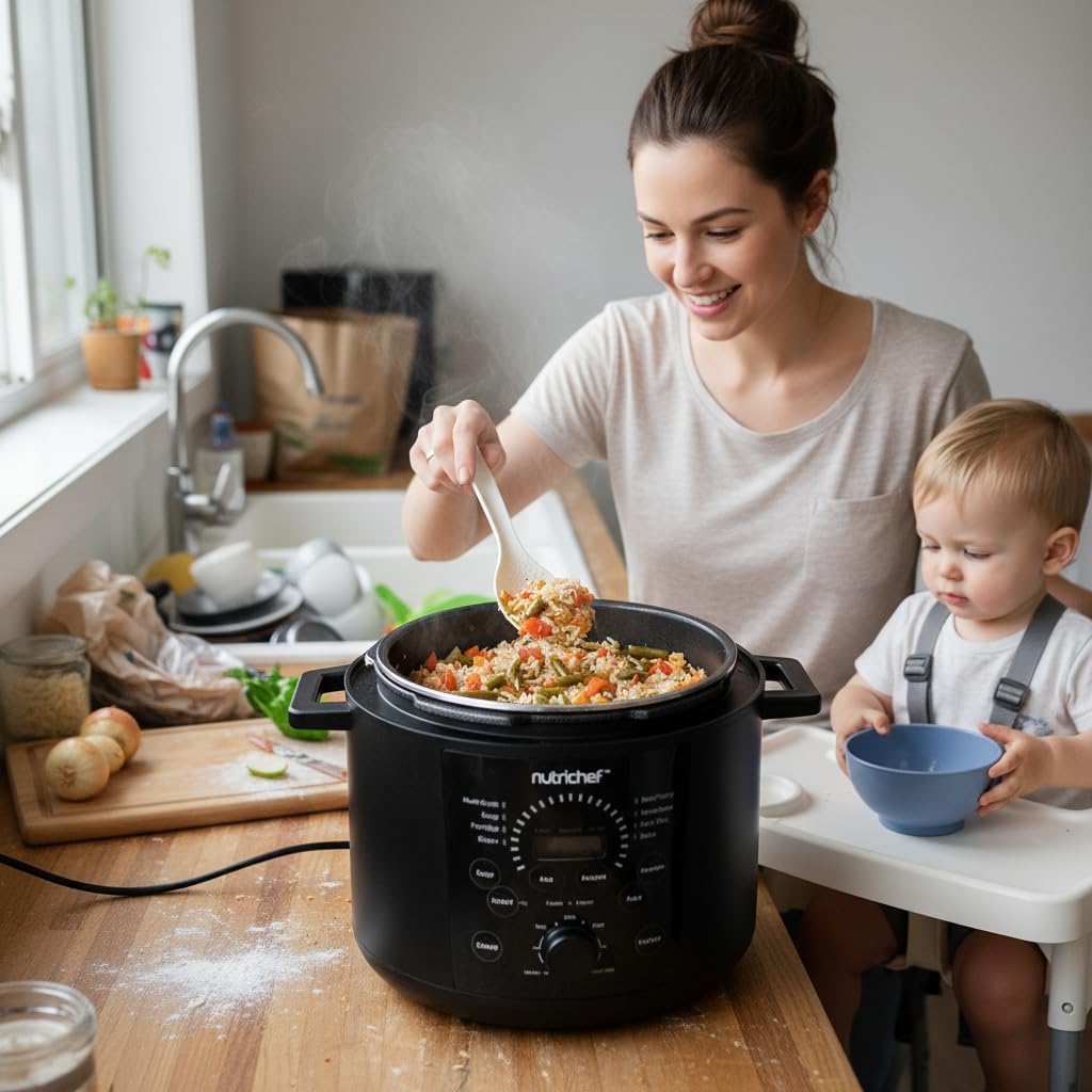 NutriChef Pressure Cooker 6 Quart Stainless Steel, Adjustable Time & Temperature, Multi Cooker for Rice, Yogurt & Meat, Fast Meal Prep