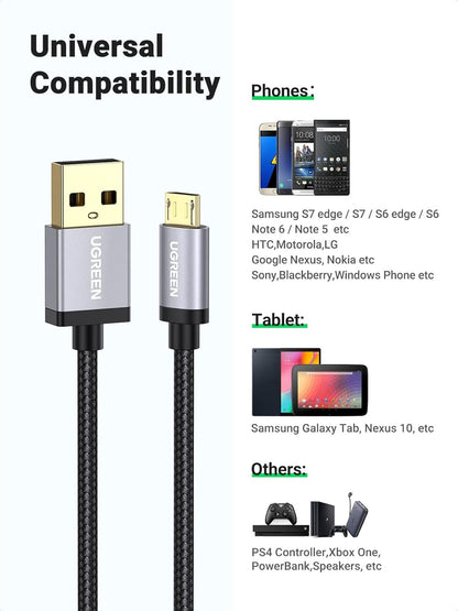 UGREEN USB to Micro 2.0 Cable Nylon Braided Fast Quick Charger Android Charging Cord for Galaxy S7 S6 S5 Edge A10, J3 Prime, Redmi Note 5 Pro, PS4, Xbox One Controller, Black, 3ft