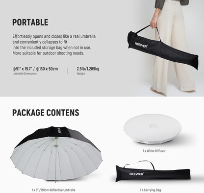 NEEWER 71"/180cm Parabolic Reflective Umbrella Photography with White Inner, Soft Lighting with Diffuser Cover, Bag, Quick Fold for Camera Photo Studio Video Light Shooting Monolight Flash, NS4U