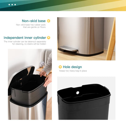 13 Gallon/50 L Garbage Can Kitchen Trash Can with Lid for Office Bedroom Bathroom Step Trash Bin Fingerprint-Proof Brushed Stainless Steel