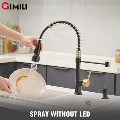 GIMILI Matte Black Kitchen Faucet with LED Light,Single Hole Spring Kitchen Sink Faucet with Pull Down Sprayer