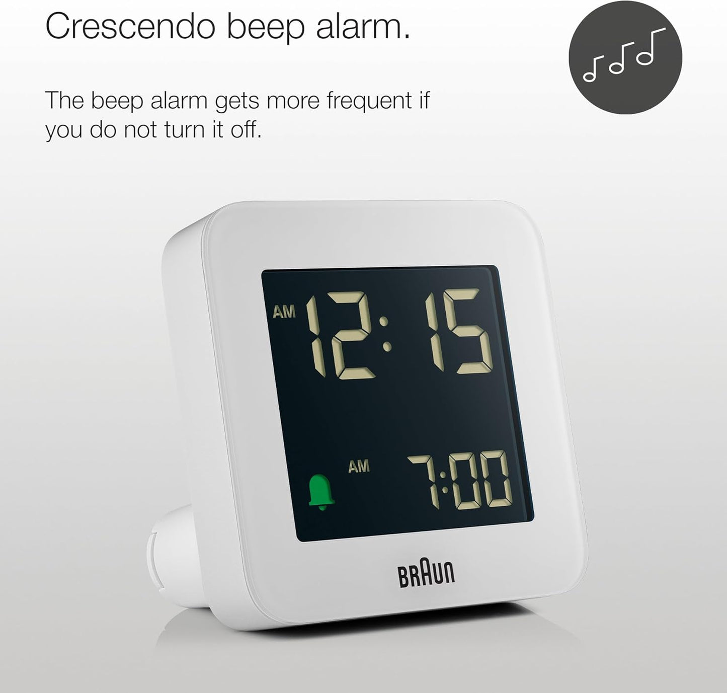 Braun Digital Alarm Clock with Snooze, Negative LCD Display, Quick Set, Crescendo Beep Alarm in White, Model BC09W.
