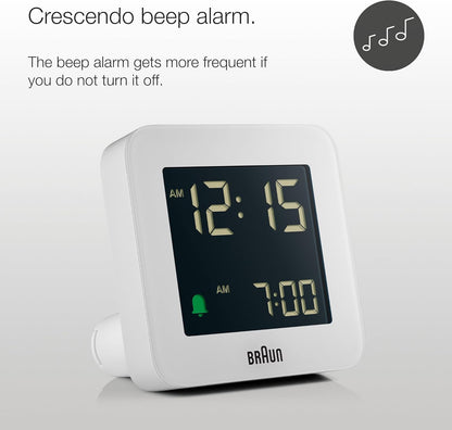 Braun Digital Alarm Clock with Snooze, Negative LCD Display, Quick Set, Crescendo Beep Alarm in White, Model BC09W.