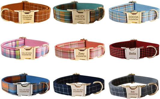 Custom Dog Collar with Metal Buckle - Pet Collars Personalized with Name and Phone Number (Plaid) - PuriLite