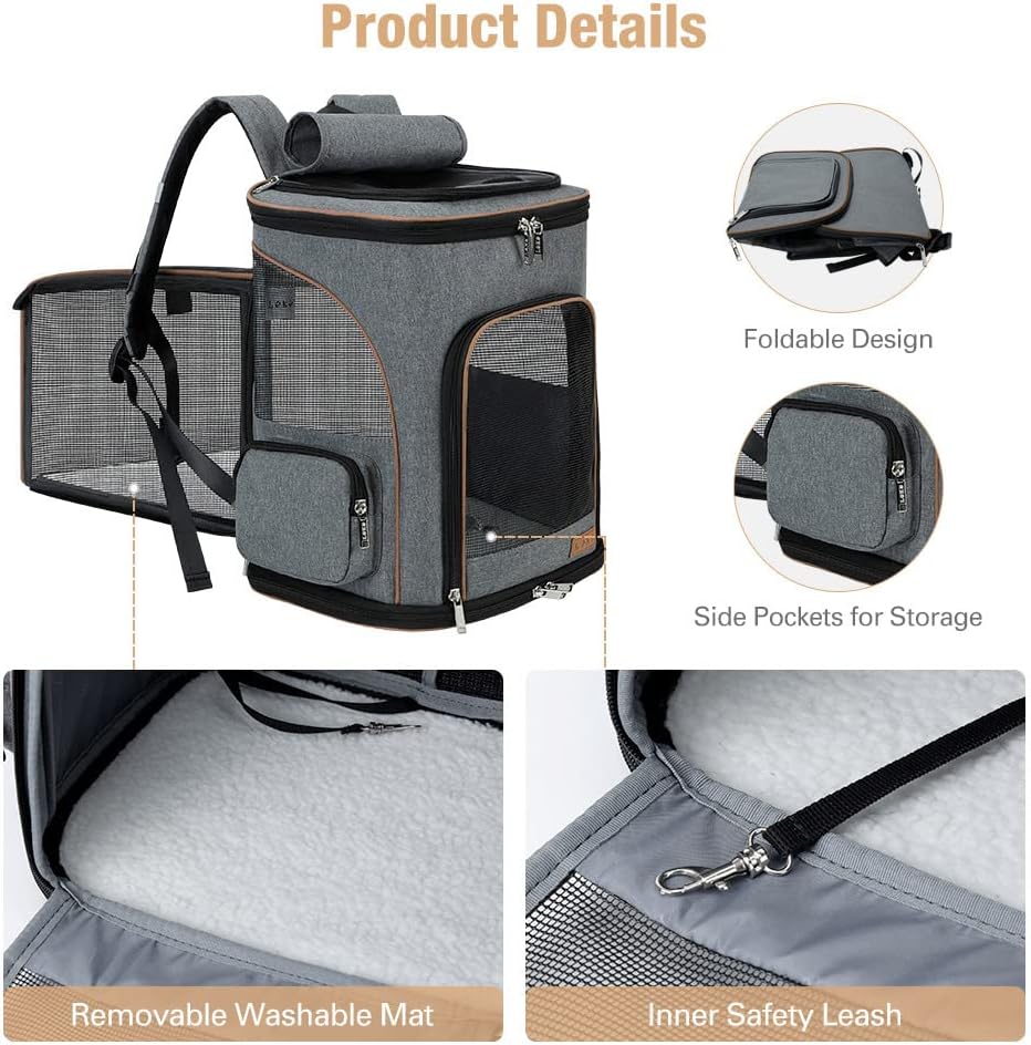 Lekesky Cat Backpack Expandable Dog Carrier Backpack Airline Approved Pet Backpack Carrier for Cats, Small Dogs, Puppies Under 13 Lbs, Grey