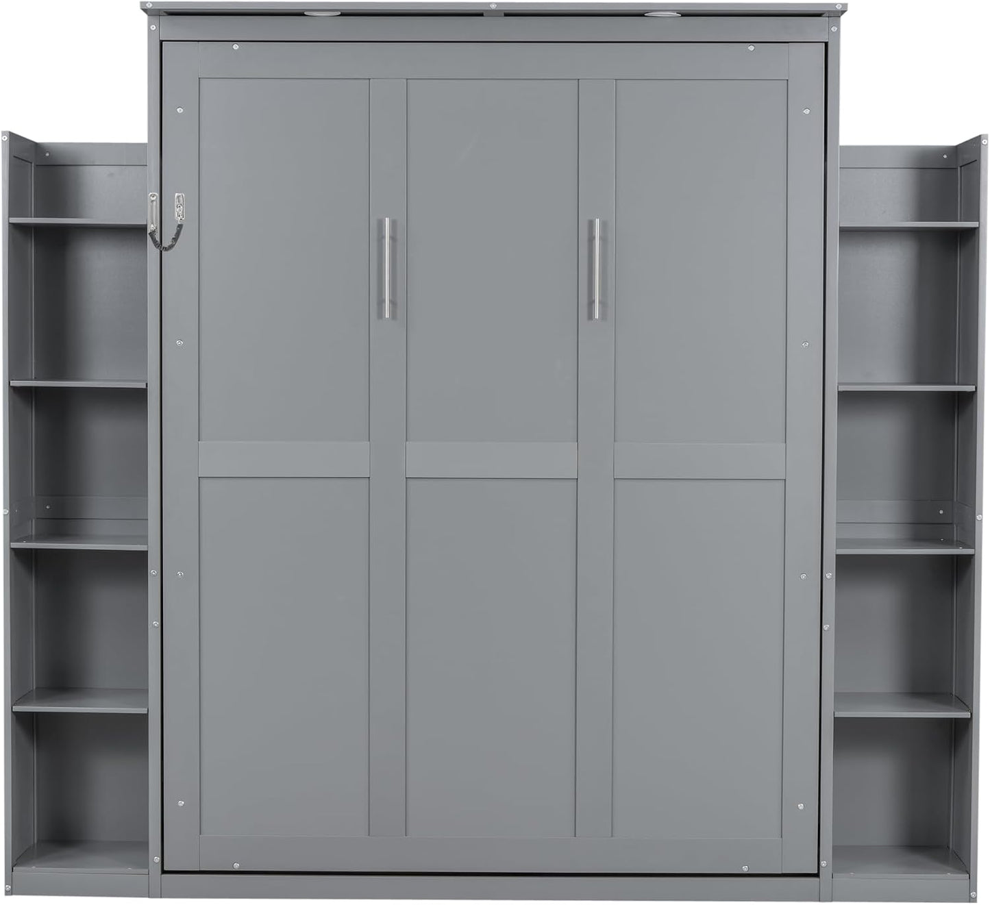 Merax Queen Size Murphy Bed with 2 Five-Layer Cabinet, Wall Bed with Shelves and Lights, Foldable Platform Bed Folded into Cabinet for Guest Room, Home and Office (Gray)