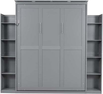 Merax Queen Size Murphy Bed with 2 Five-Layer Cabinet, Wall Bed with Shelves and Lights, Foldable Platform Bed Folded into Cabinet for Guest Room, Home and Office (Gray)